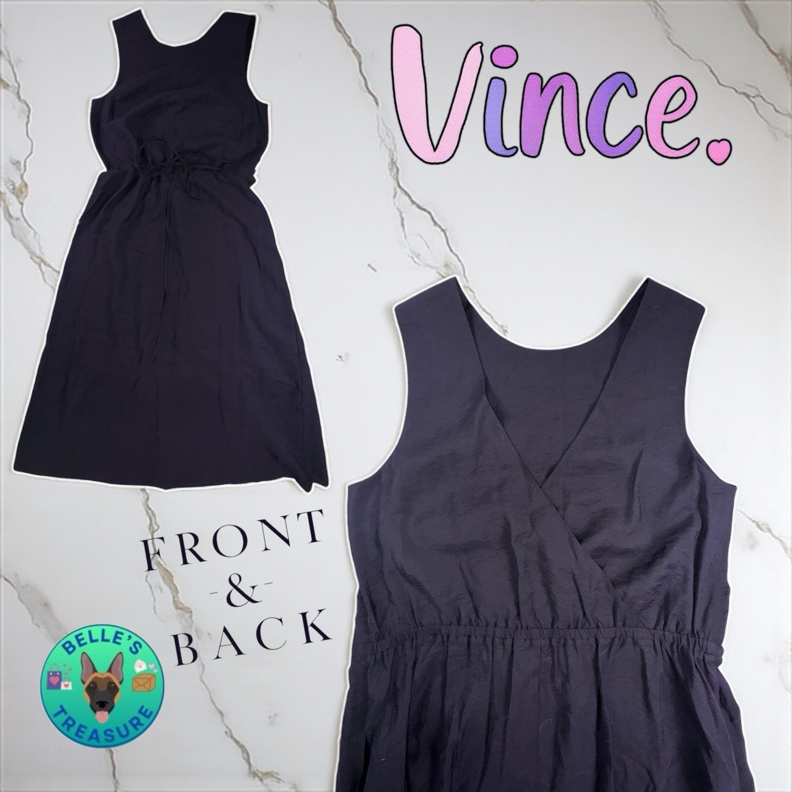 Vince Dress Womens Medium Black Surplice Neck Gathered Waist Midi Luxury $428